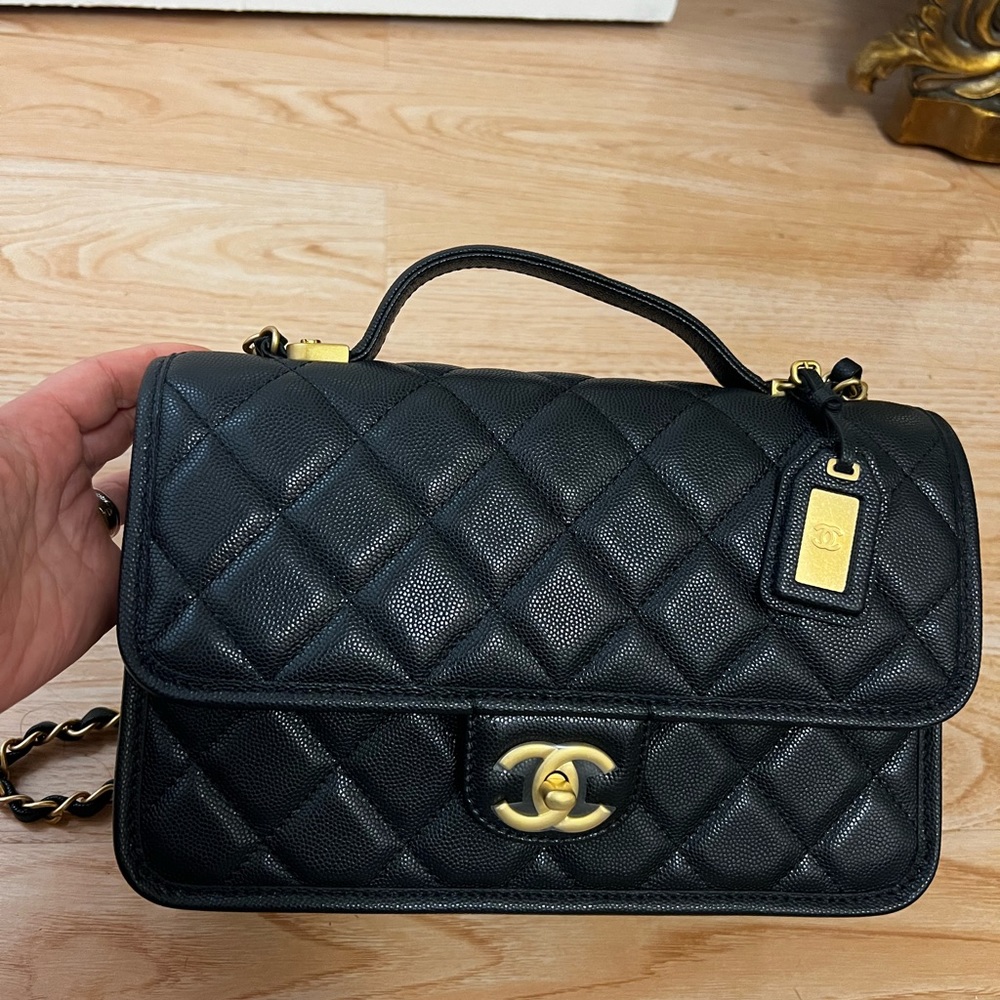 Small Flap Bag with Top Handle in grained calfskin & gold-tone metal - Black